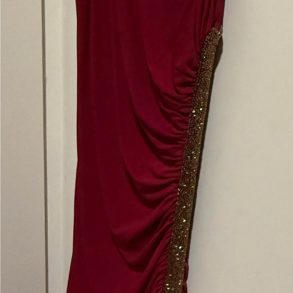Elegant Red one shoulder dress with Gold Accents